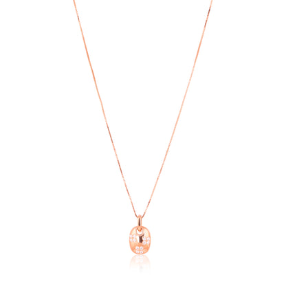 Rose gold necklace with a matching rose gold pendant on a white background