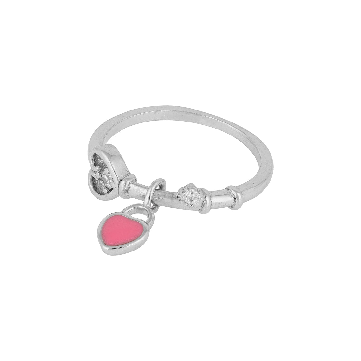 Pink Enamel Heart Charm Silver Ring
