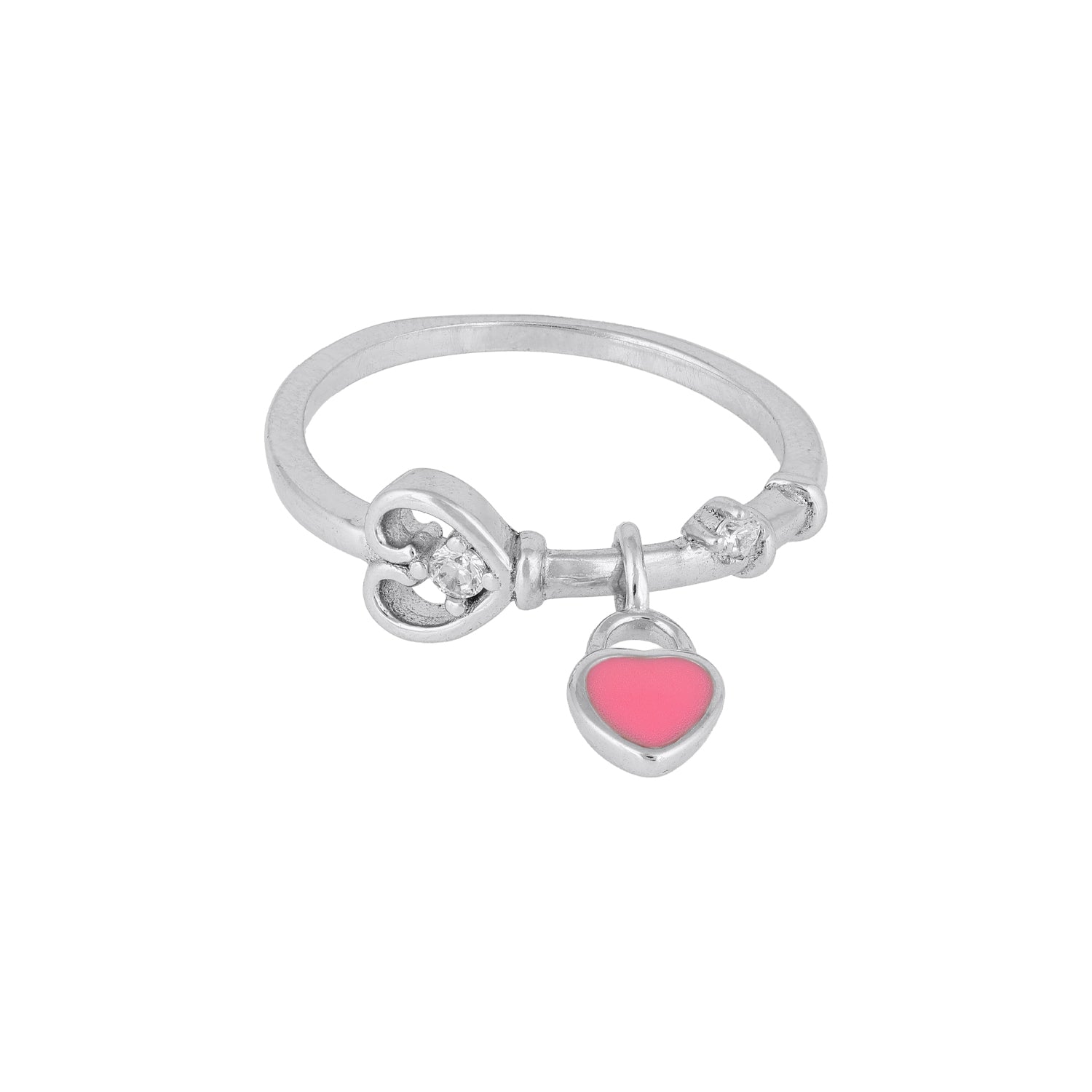Pink Enamel Heart Charm Silver Ring
