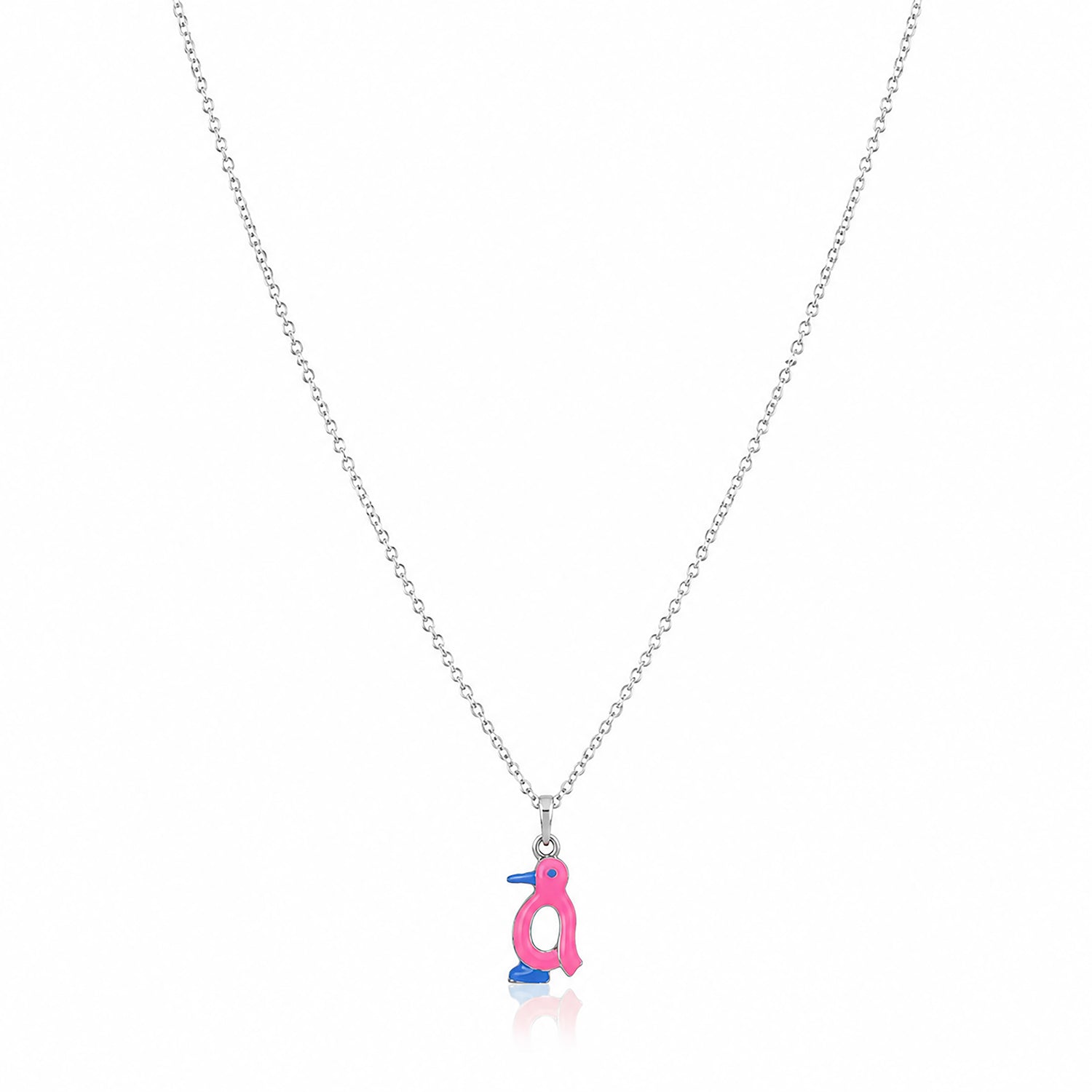 Pink Enamel Penguin Silver Pendant Necklace