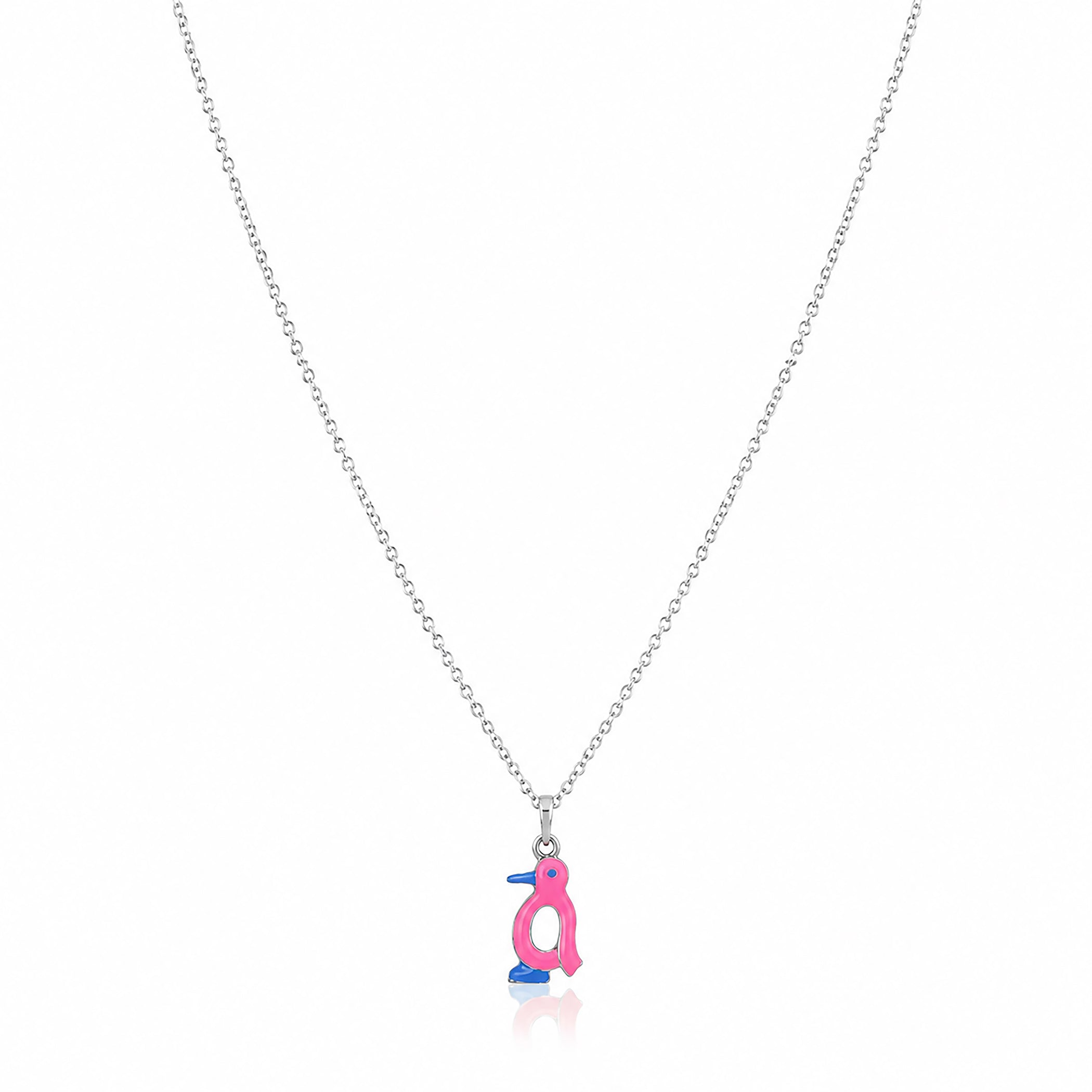 Pink Enamel Penguin Silver Pendant Necklace
