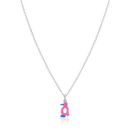 Pink Enamel Penguin Silver Pendant Necklace