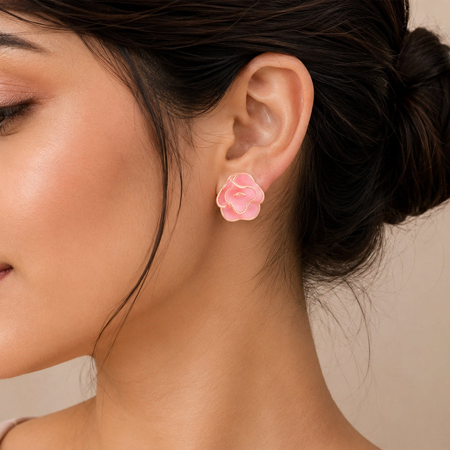 Pink Enamel Rose Gold Silver Stud Earrings