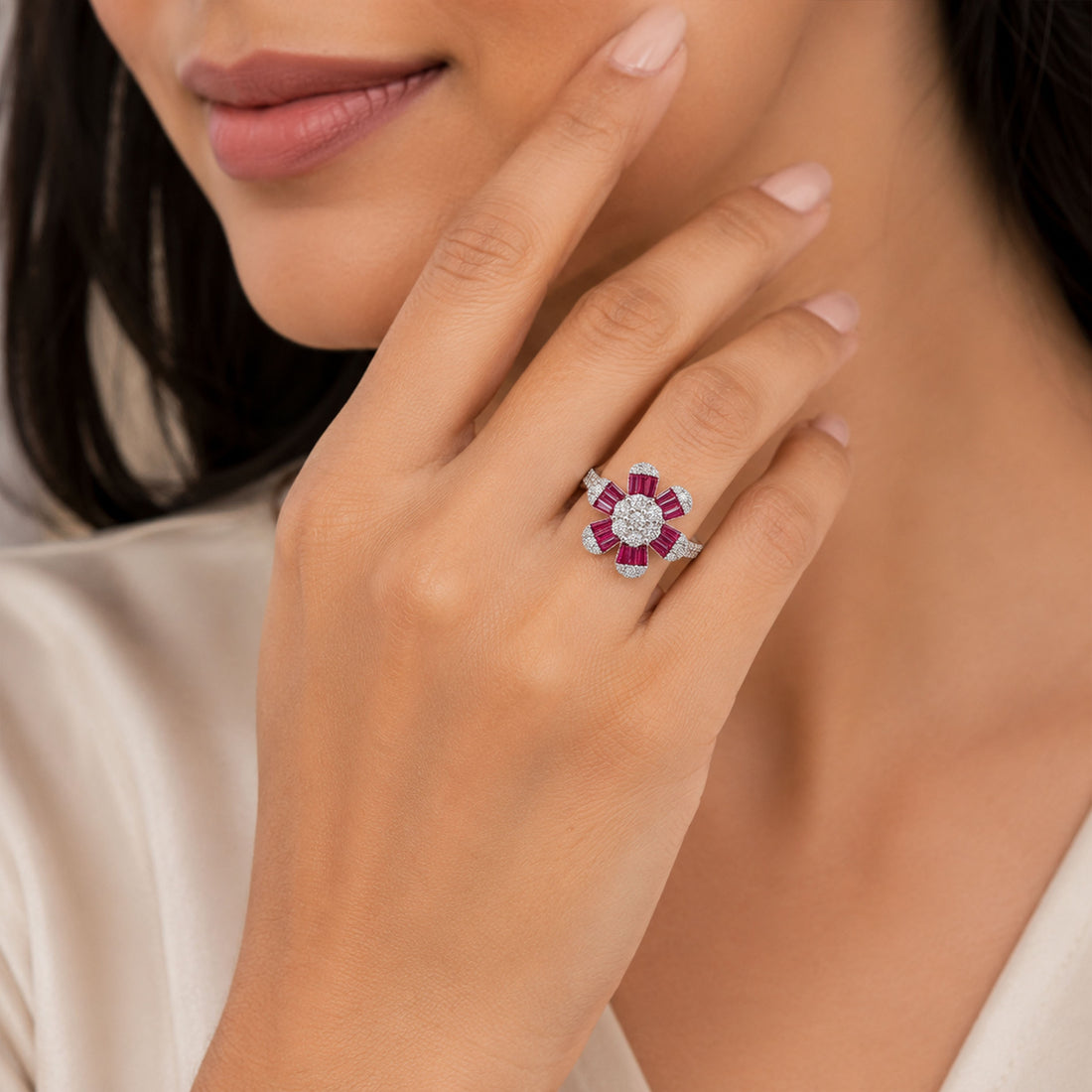 Pink Floral Sparkle 925 Sterling Silver Designer Ring
