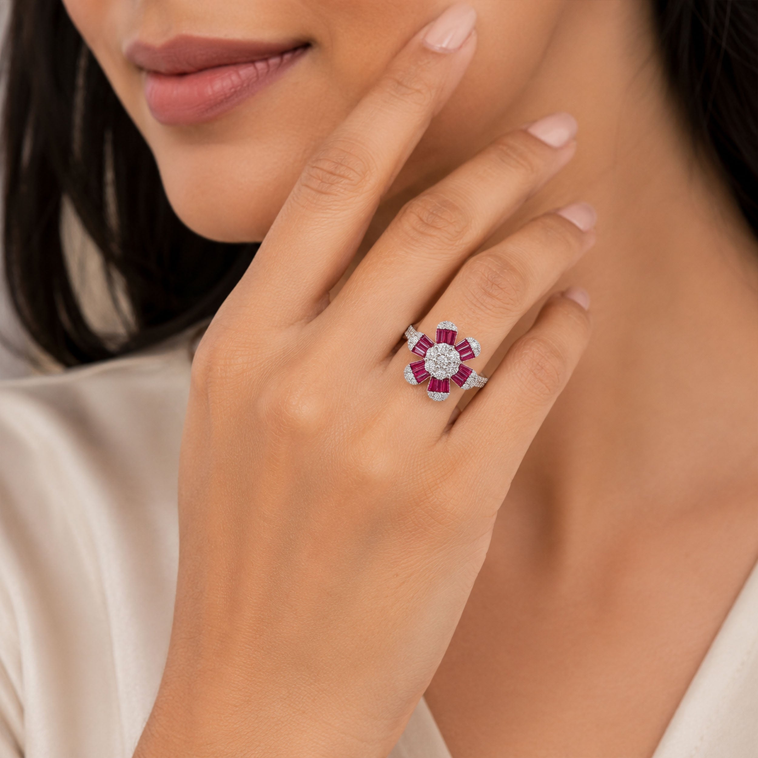 Pink Floral Sparkle 925 Sterling Silver Designer Ring