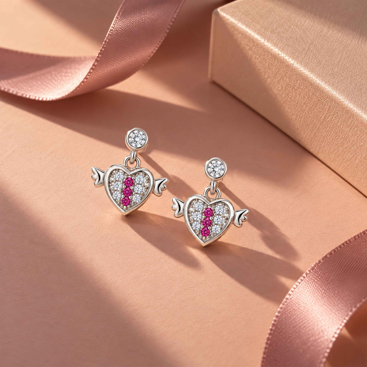 Pink Stone Winged Heart Sterling Silver Earring