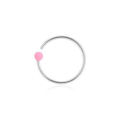 Pink Bead Silver Nose Hoop Ring
