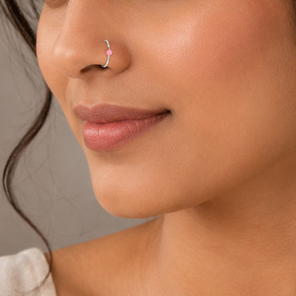 Pink Bead Silver Nose Hoop Ring