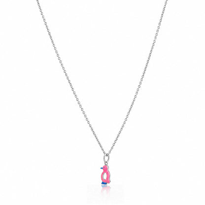 Pink Enamel Penguin Silver Pendant Necklace