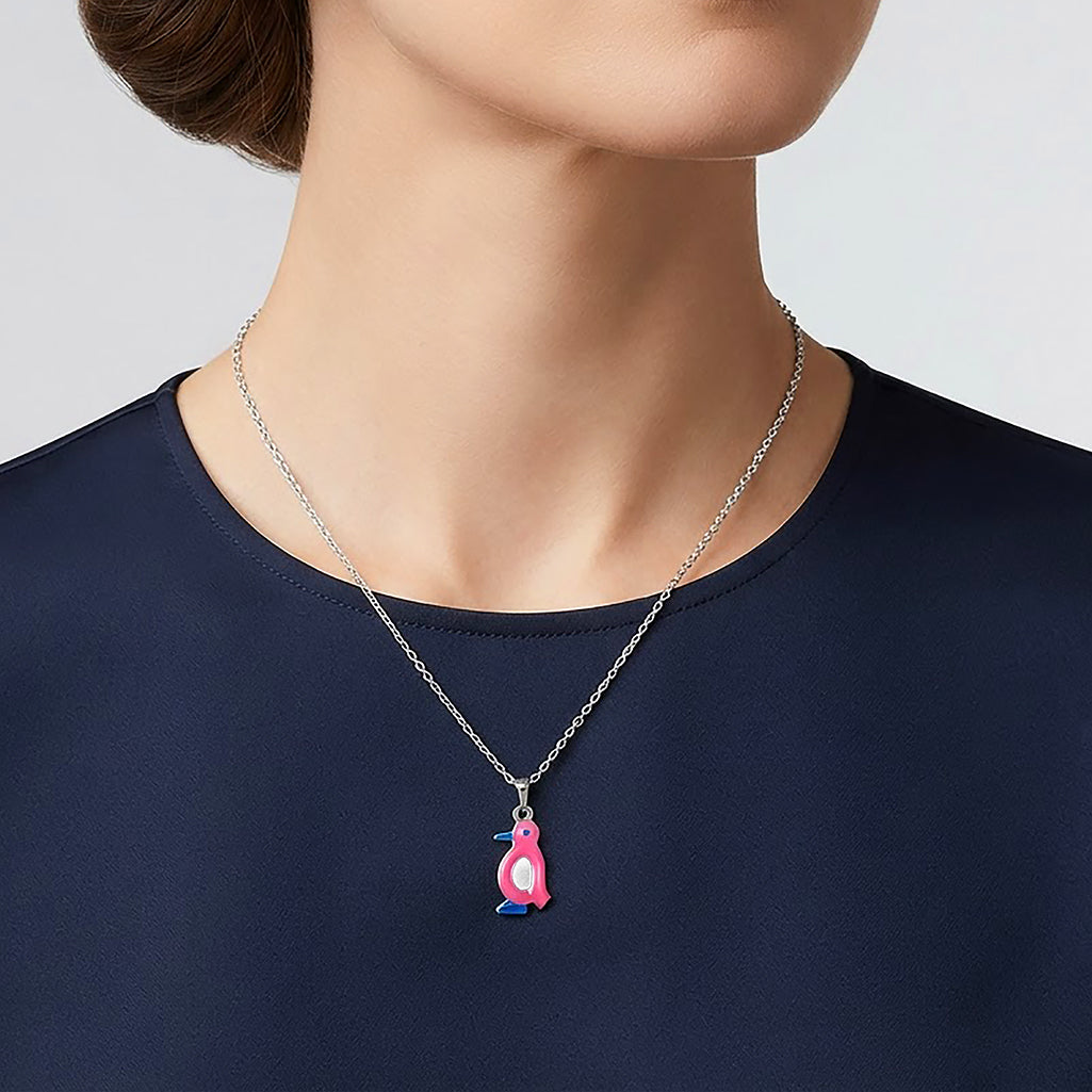 Pink Enamel Penguin Silver Pendant Necklace