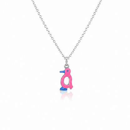 Pink Enamel Penguin Silver Pendant Necklace