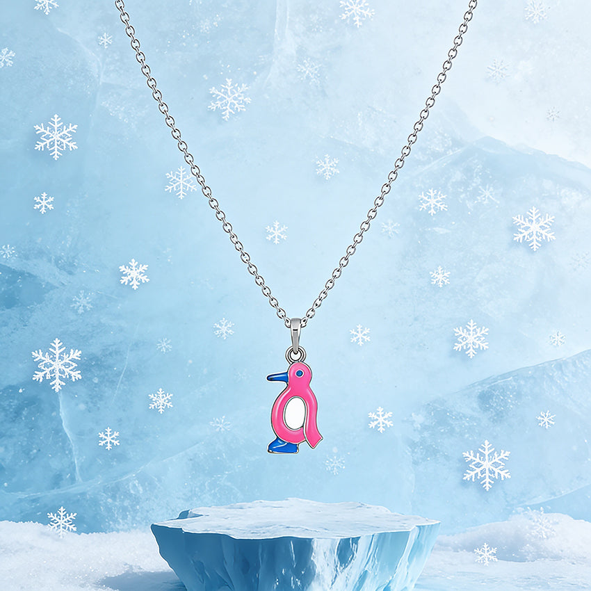 Pink Enamel Penguin Silver Pendant Necklace
