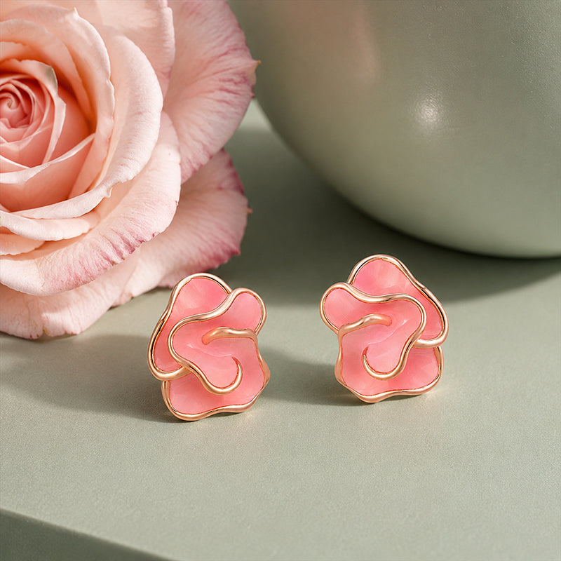 Pink Enamel Rose Gold Silver Stud Earrings