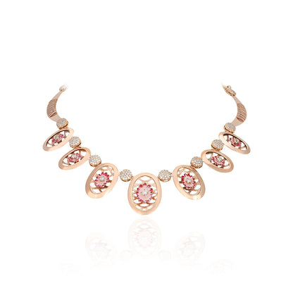 Pink Floral Kundan Style Enamel Oval 925 Silver Necklace for Women