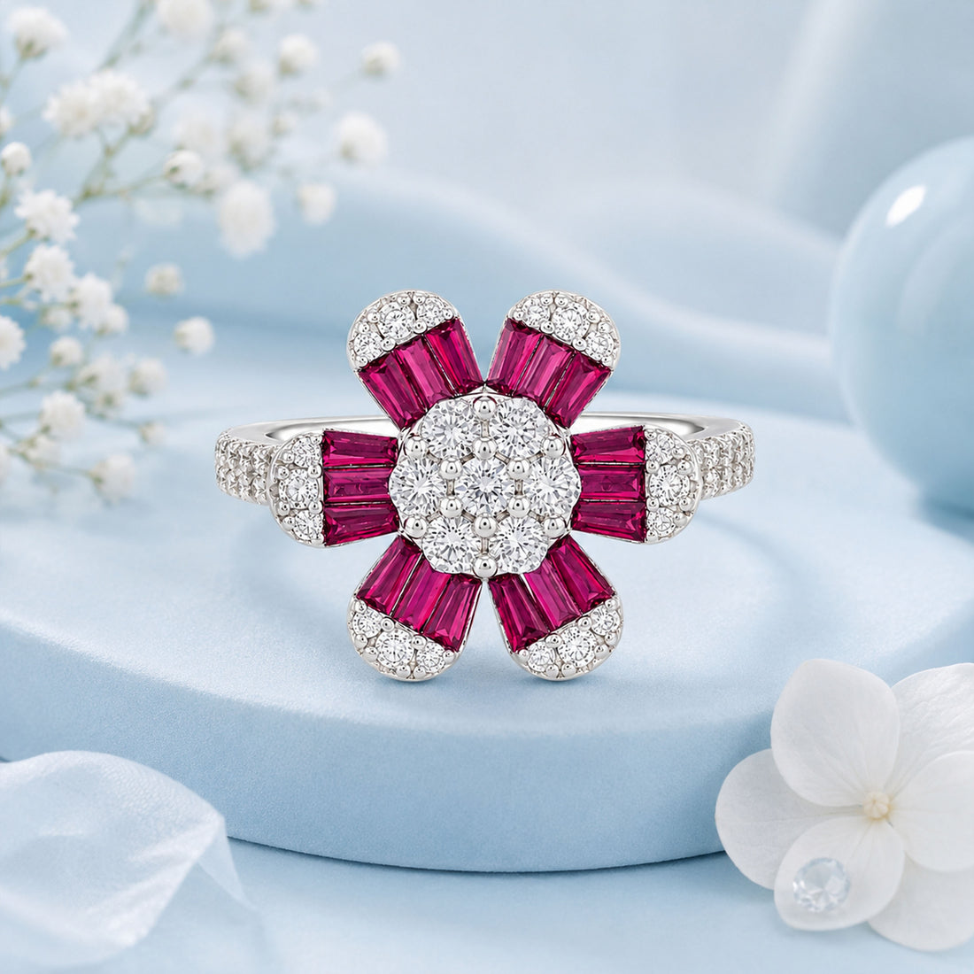 Pink Floral Sparkle 925 Sterling Silver Designer Ring