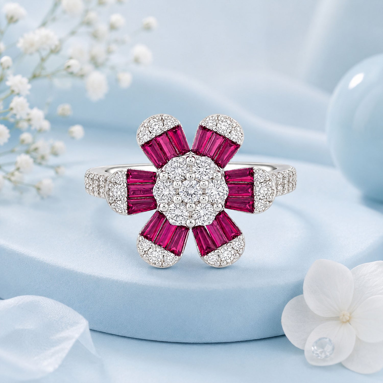 Pink Floral Sparkle 925 Sterling Silver Designer Ring