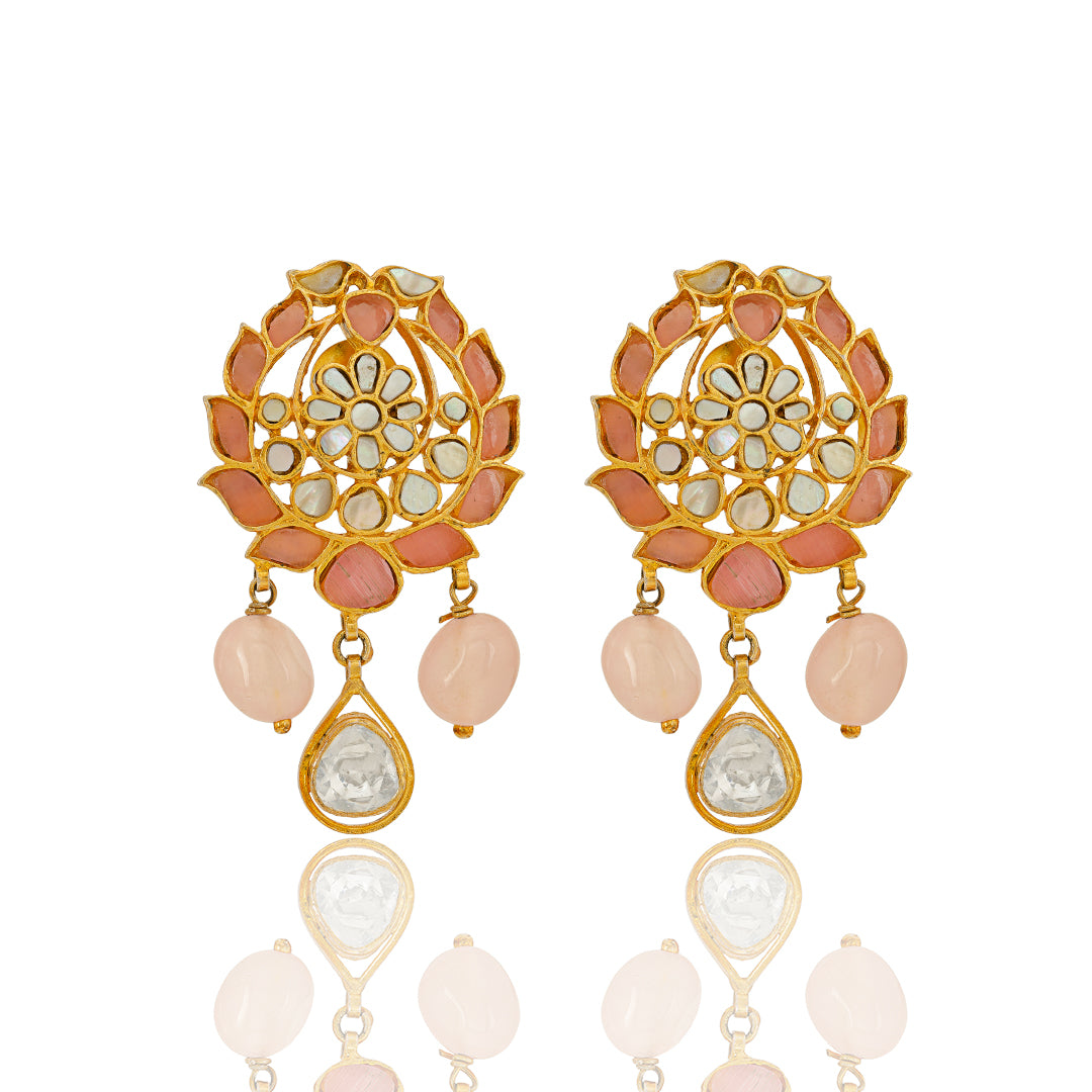 Pink Kundan Chandbalis Gold Plated Silver Earring