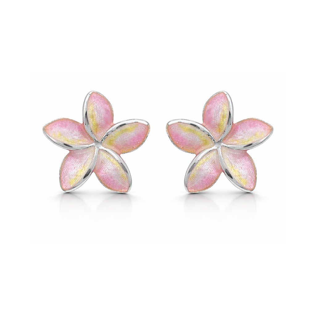 Pair of pink flower-shaped earrings on a white background