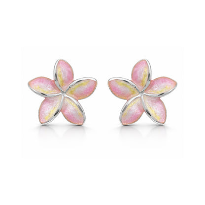Pair of pink flower-shaped earrings on a white background