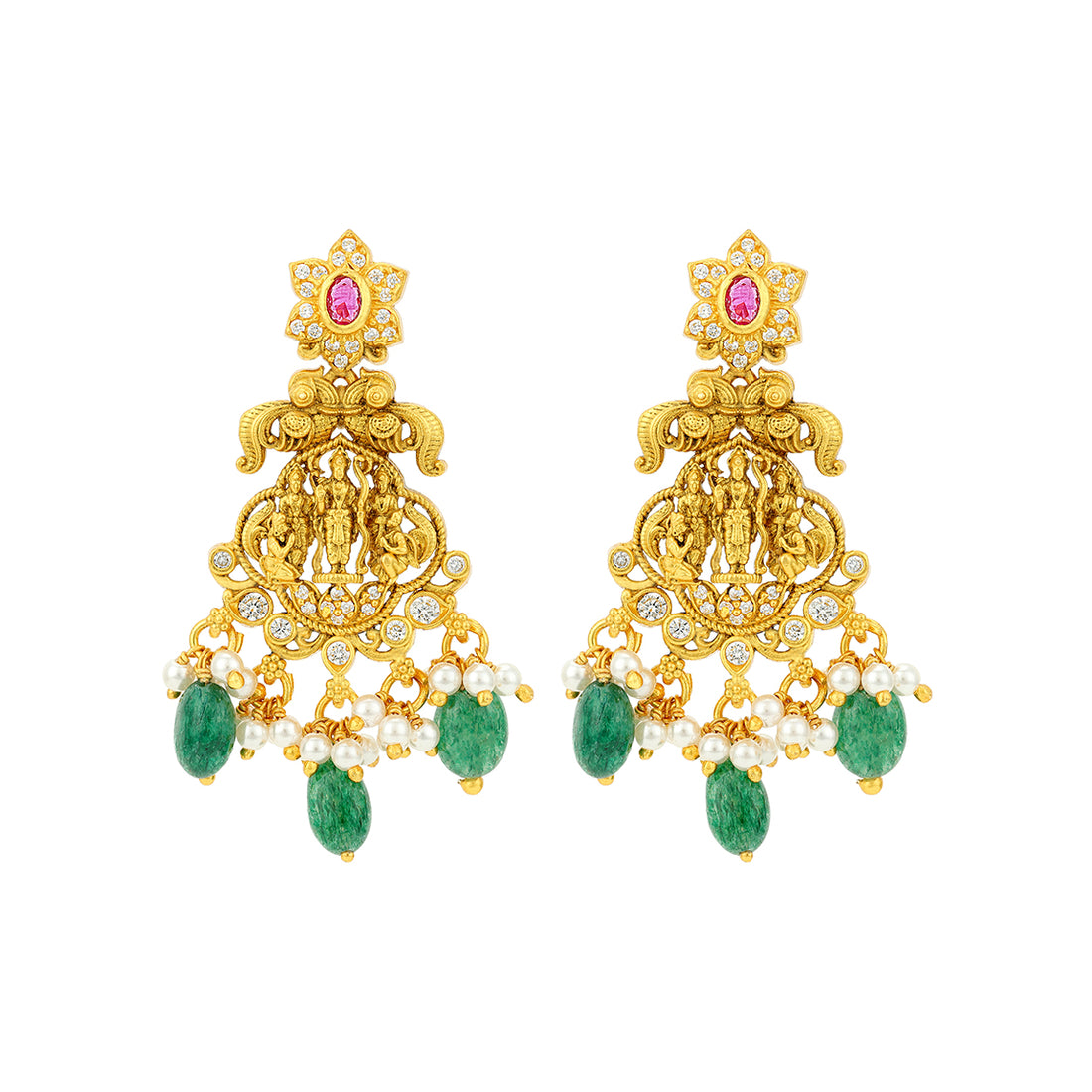 Pink Stone Floral Ram Darbar Temple 925 Sterling Silver Green Drop Earring for Women