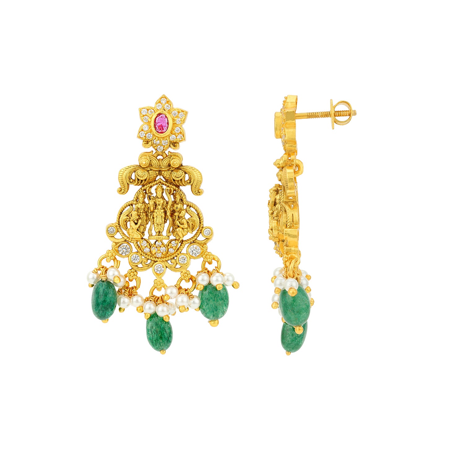 Pink Stone Floral Ram Darbar Temple 925 Sterling Silver Green Drop Earring for Women