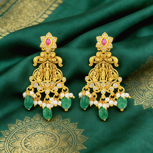 Pink Stone Floral Ram Darbar Temple 925 Sterling Silver Green Drop Earring for Women