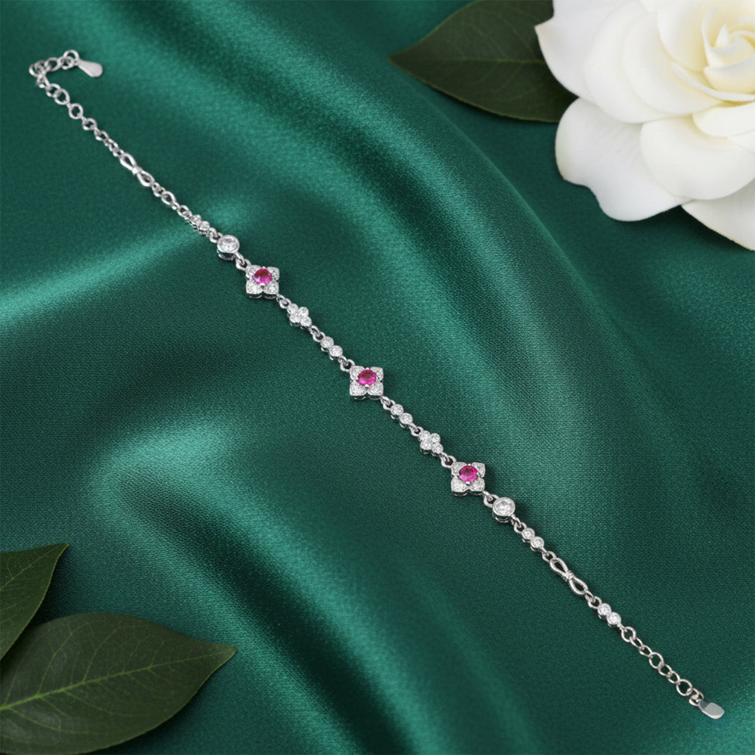 Pink Stone Floral Station Silver Bracelet