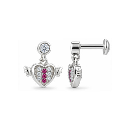 Pink Stone Winged Heart Sterling Silver Earring