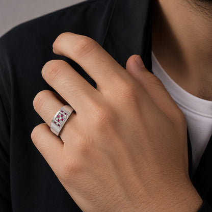 Pink and White Stone Rectangular 925 Silver Ring