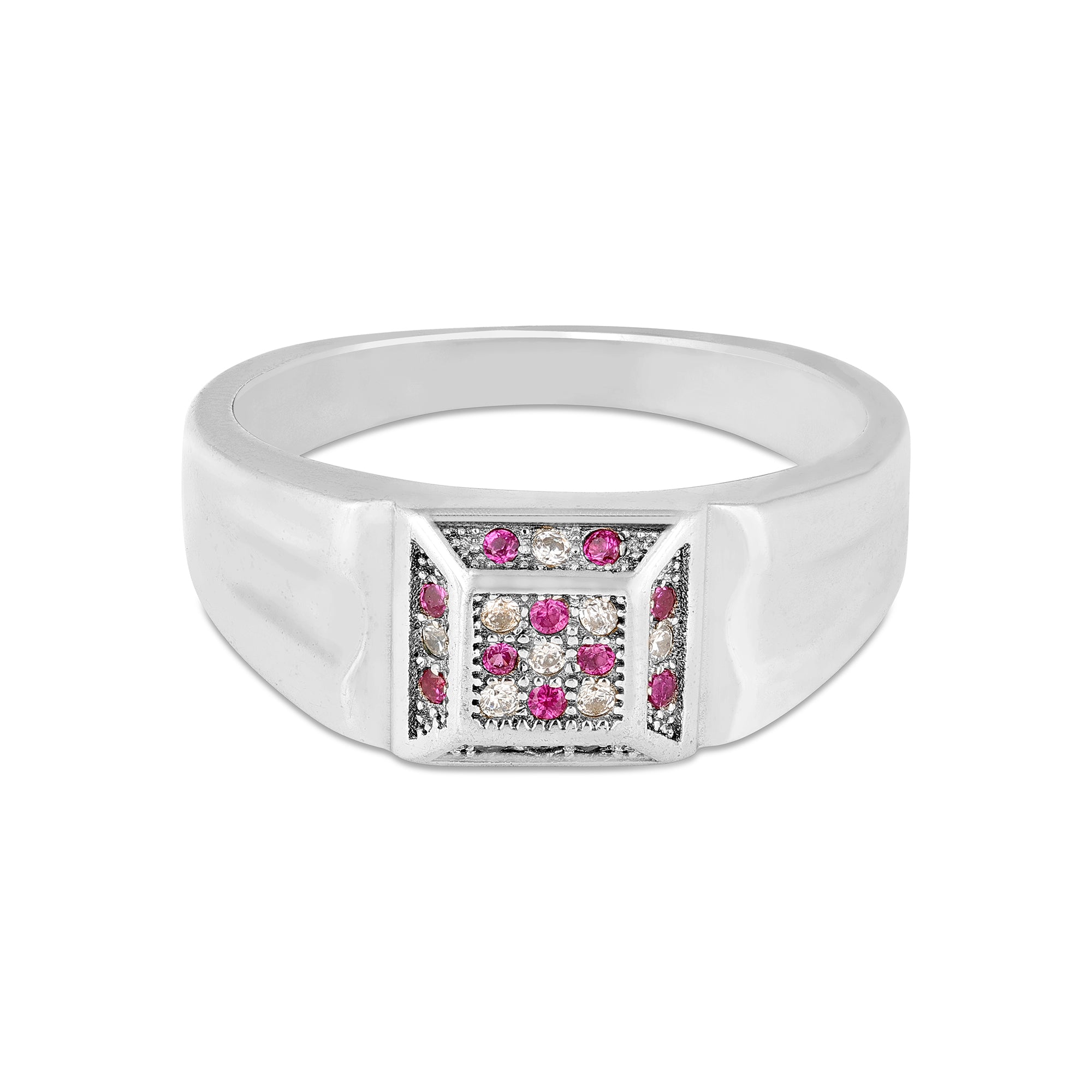 Pink and White Stone Rectangular 925 Silver Ring