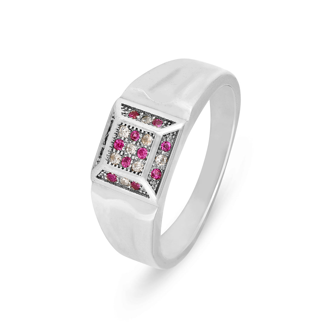 Pink and White Stone Rectangular 925 Silver Ring