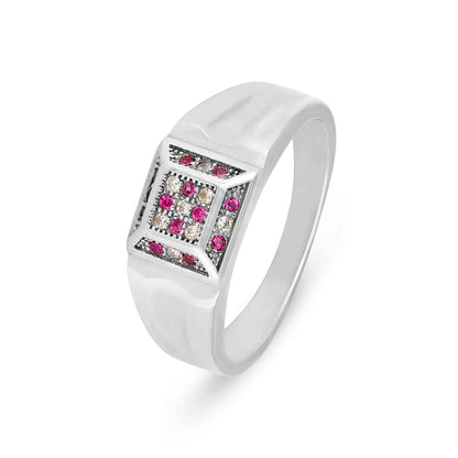 Pink and White Stone Rectangular 925 Silver Ring