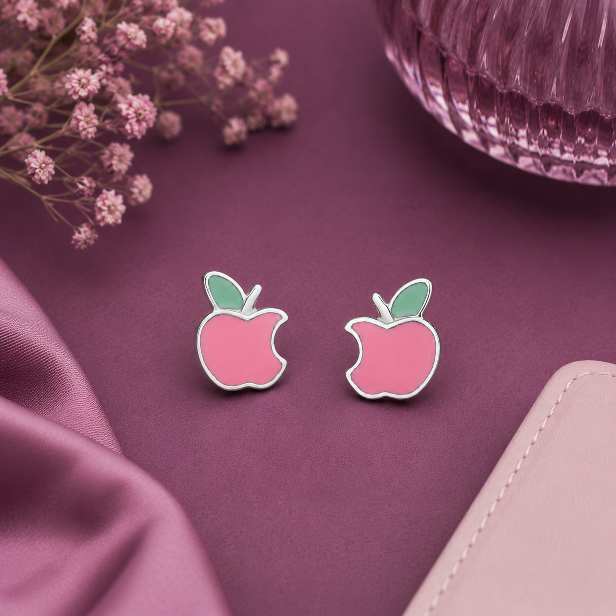 Playful Pink Bitten Apple 925 Sterling Silver Stud 