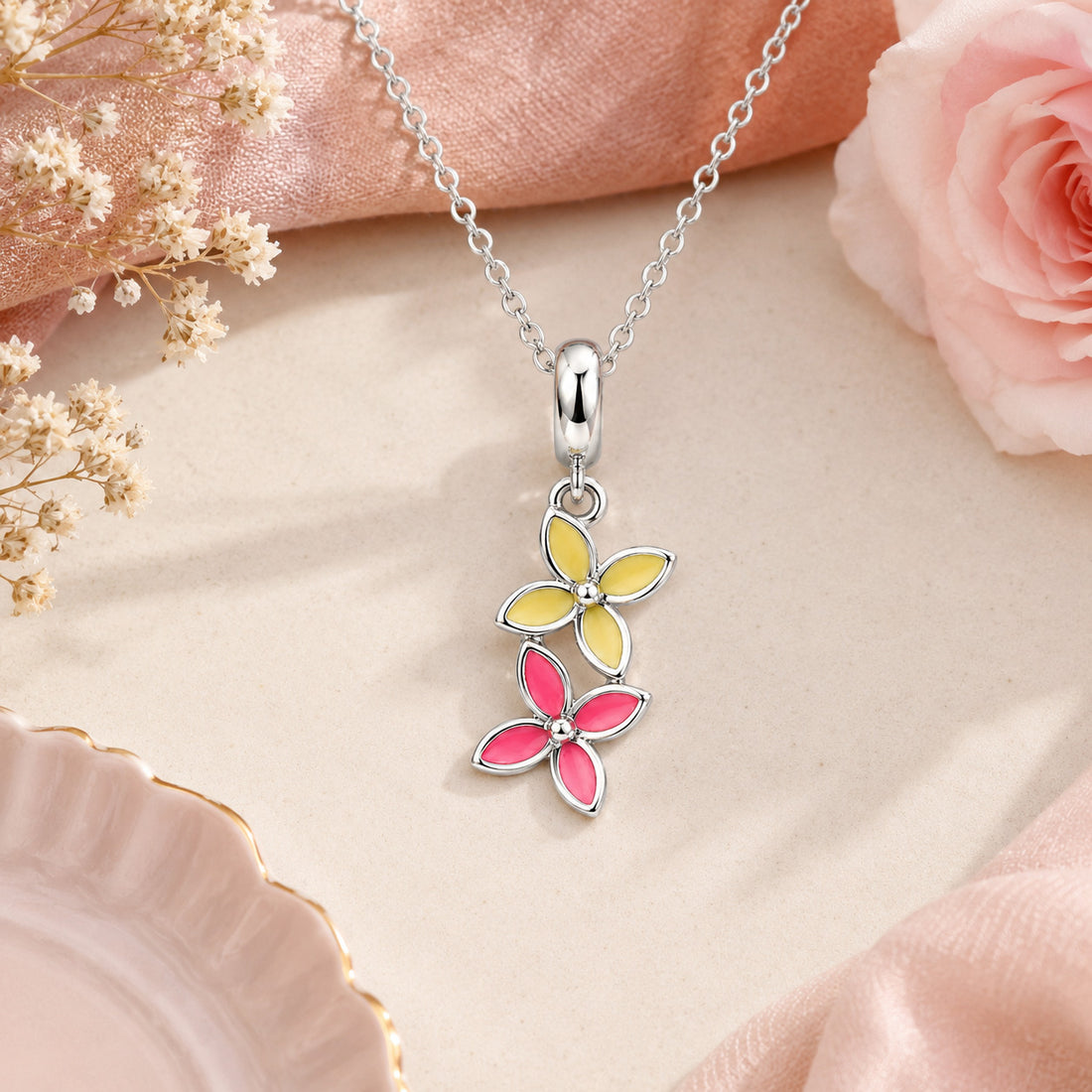 Playful Pink Yellow Floral 925 Sterling Silver Charm for women