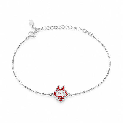 Playful Red Heart Bunny Charm Silver Bracelet