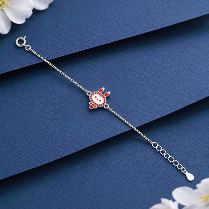 Playful Red Heart Bunny Charm Silver Bracelet