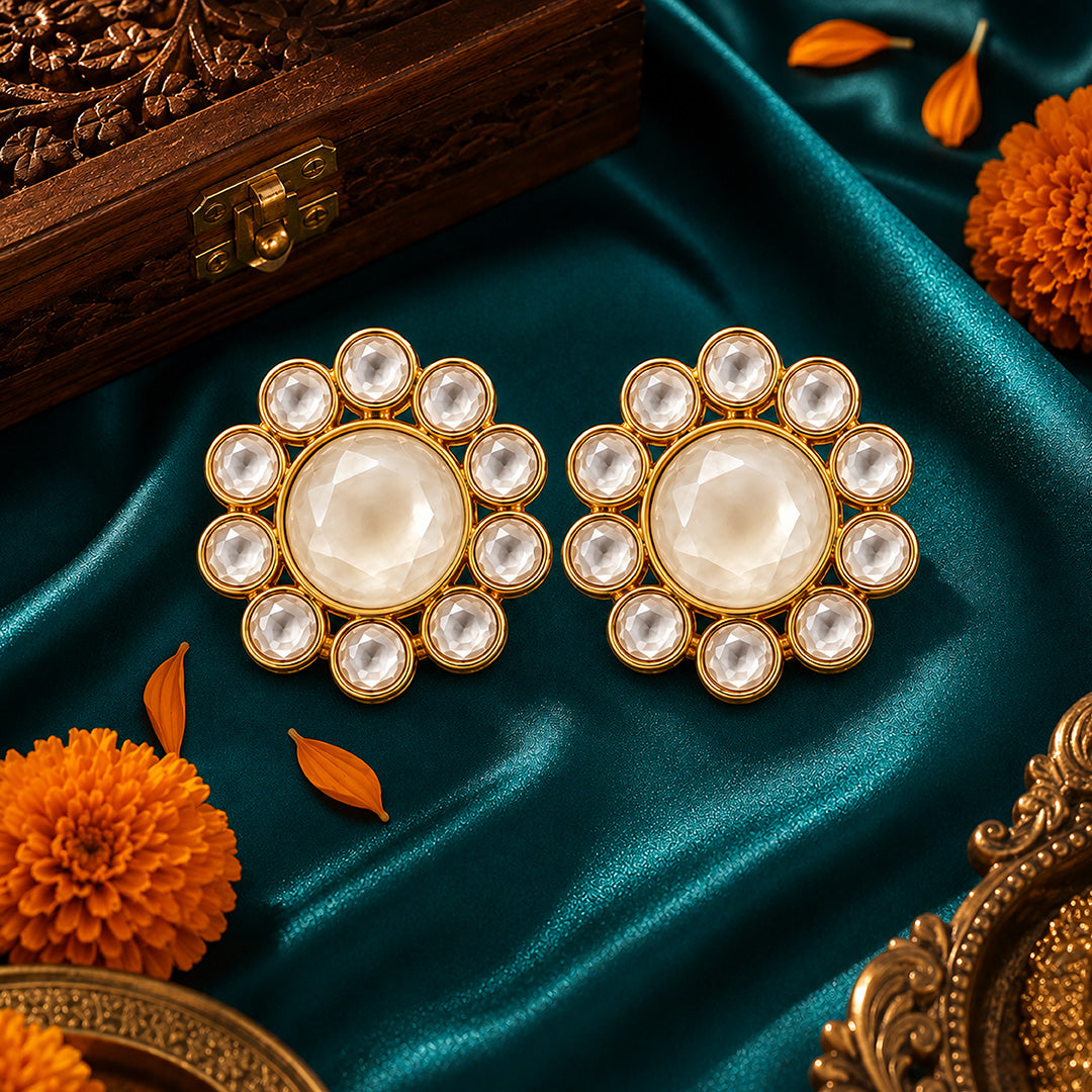 Polki Bloom 925 Sterling Silver Statement Stud Earrings