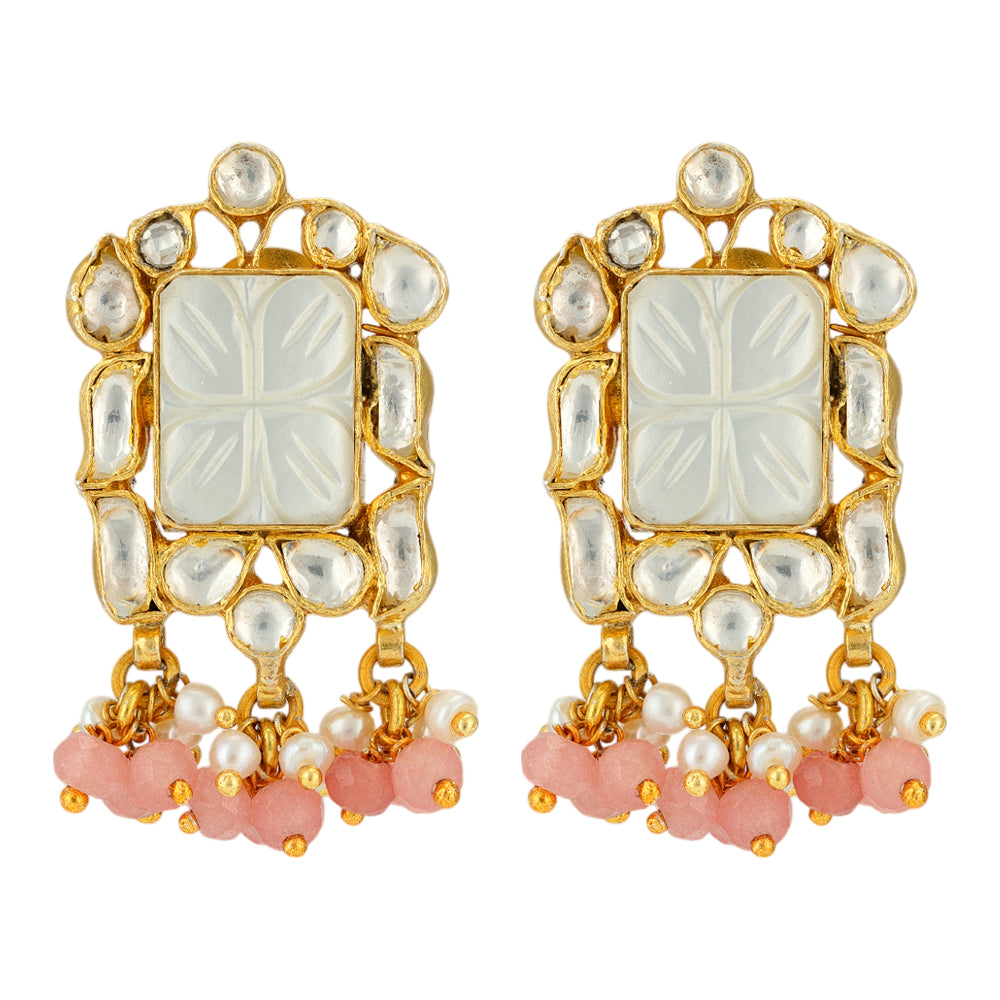 Polki Glamour Pearl Pink Beads Drop Earrings