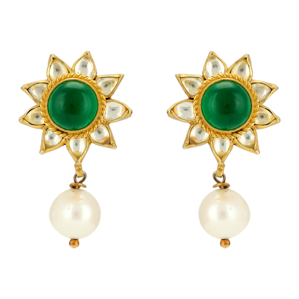 Polki Petals Centered Green Pearl Drop Earrings