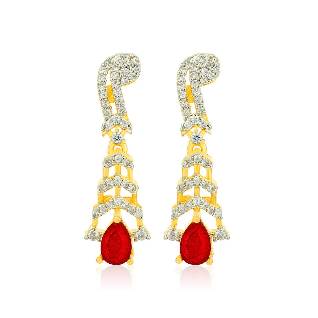 Premium Gold Tone Luxury CZ Statement 925 Sterling Silver Ruby Teardrop Earrings for Women