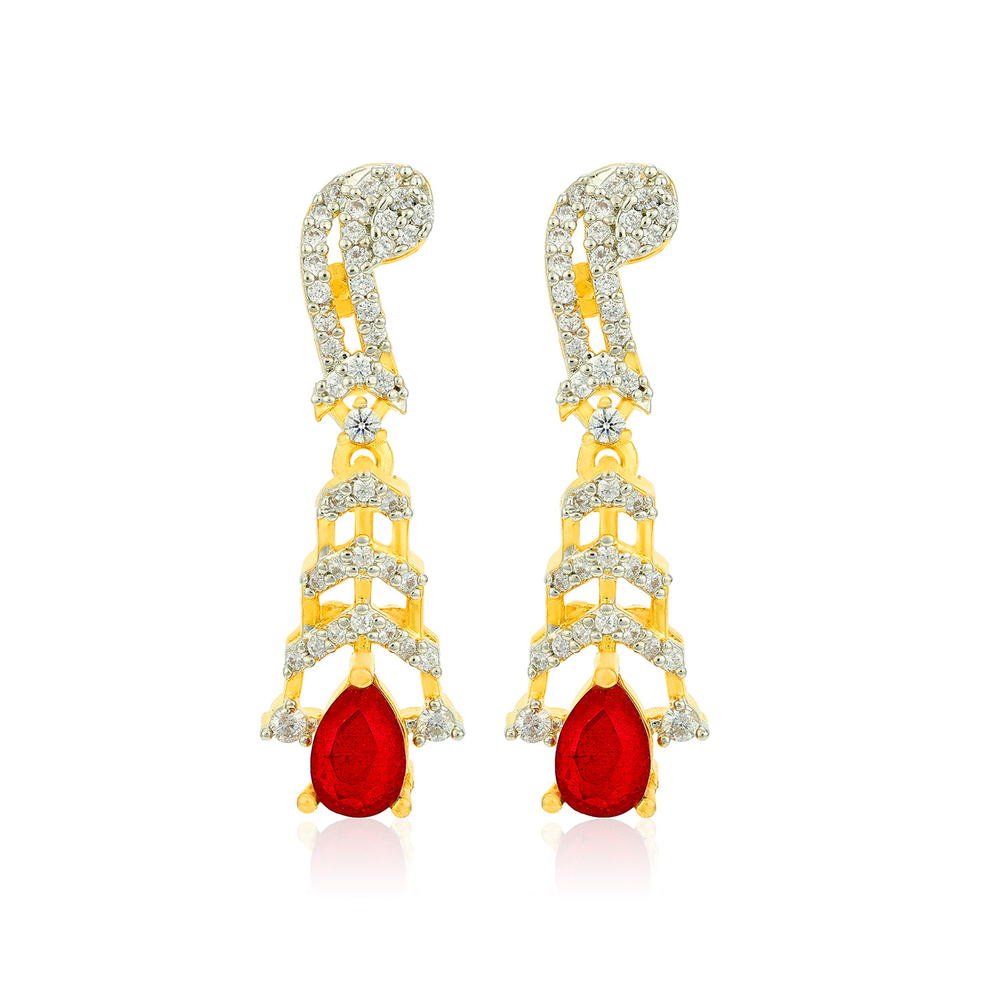 Premium Gold Tone Luxury CZ Statement 925 Sterling Silver Ruby Teardrop Earrings for Women