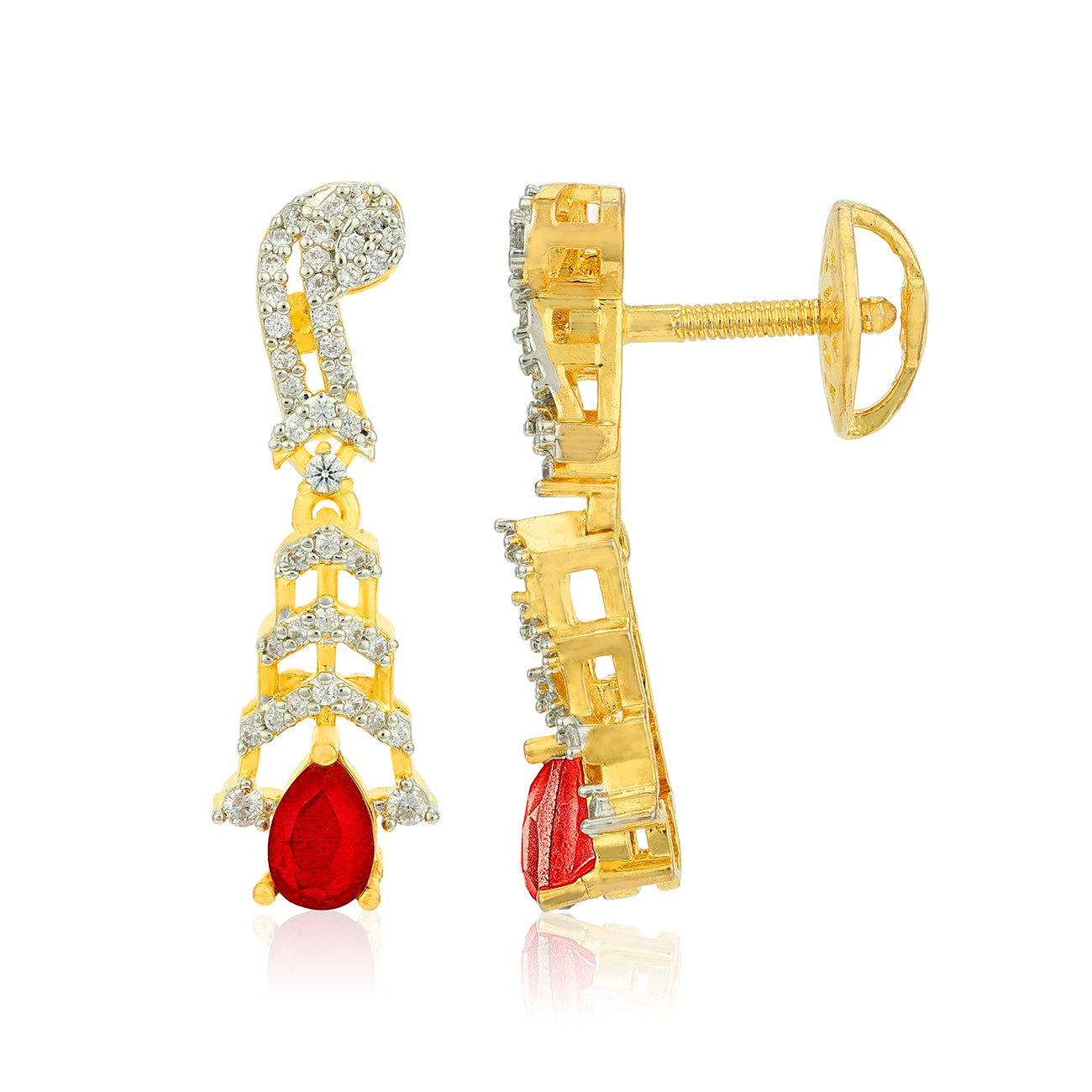 Premium Gold Tone Luxury CZ Statement 925 Sterling Silver Ruby Teardrop Earrings for Women