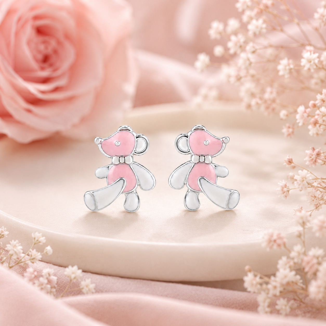 Pretty Pink Bear 925 Sterling Silver Stud for Kids
