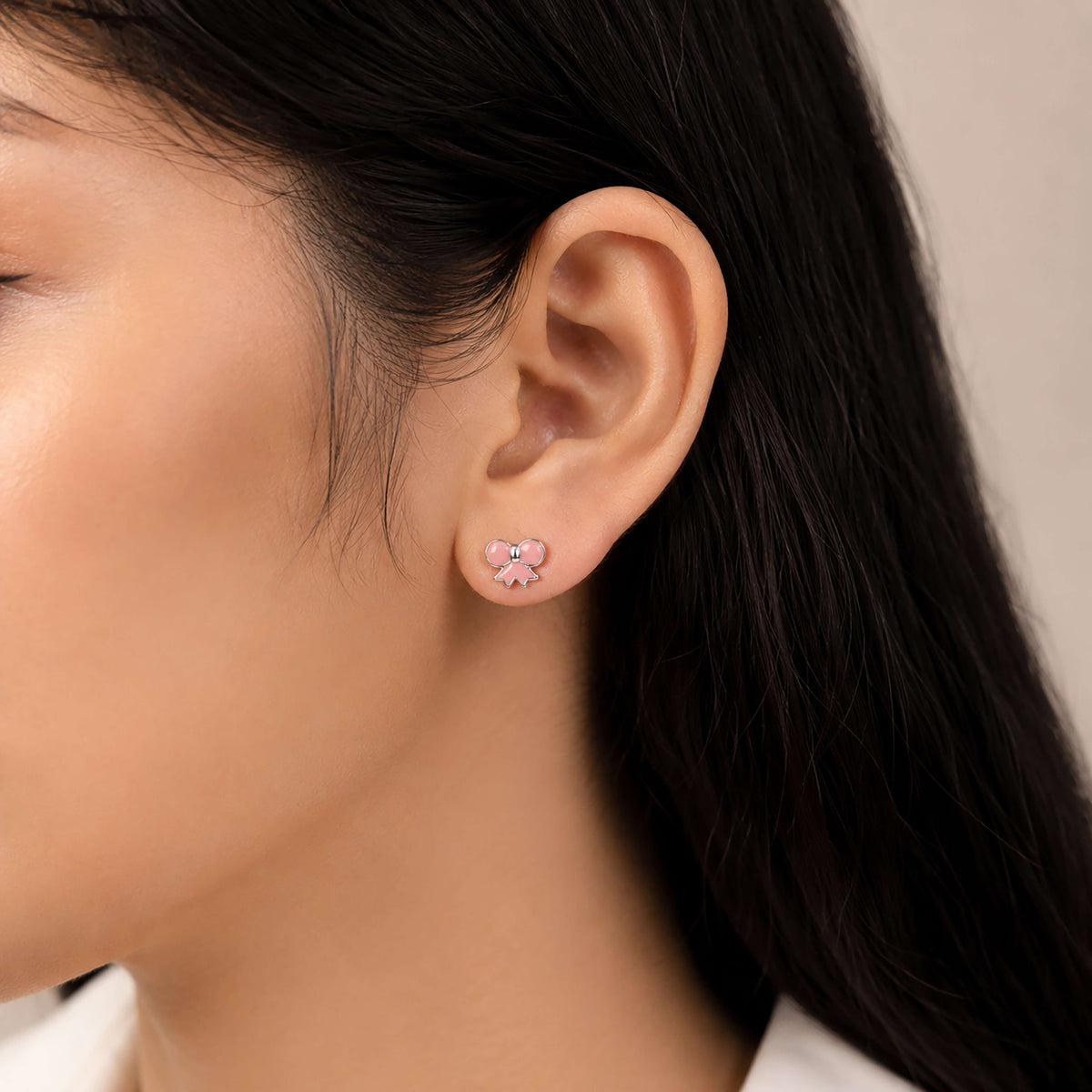 Pretty Pink Ribbon 925 Sterling Silver Stud for Kids
