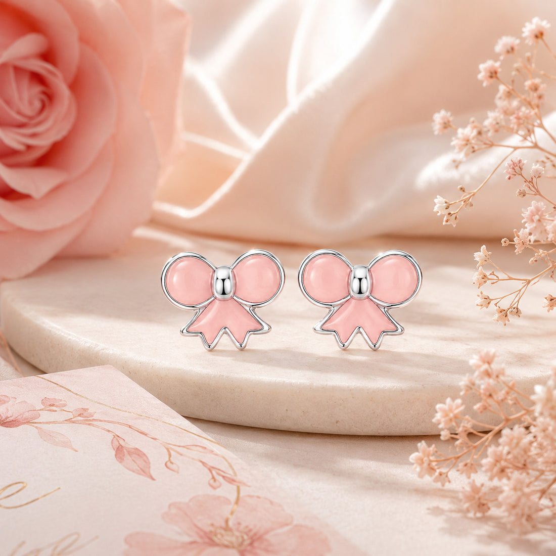 Pretty Pink Ribbon 925 Sterling Silver Stud for Kids