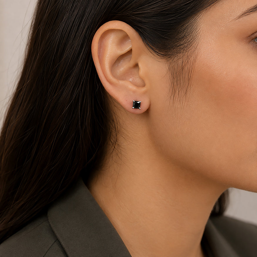 Princess Cut Black Spinel Stud Earrings