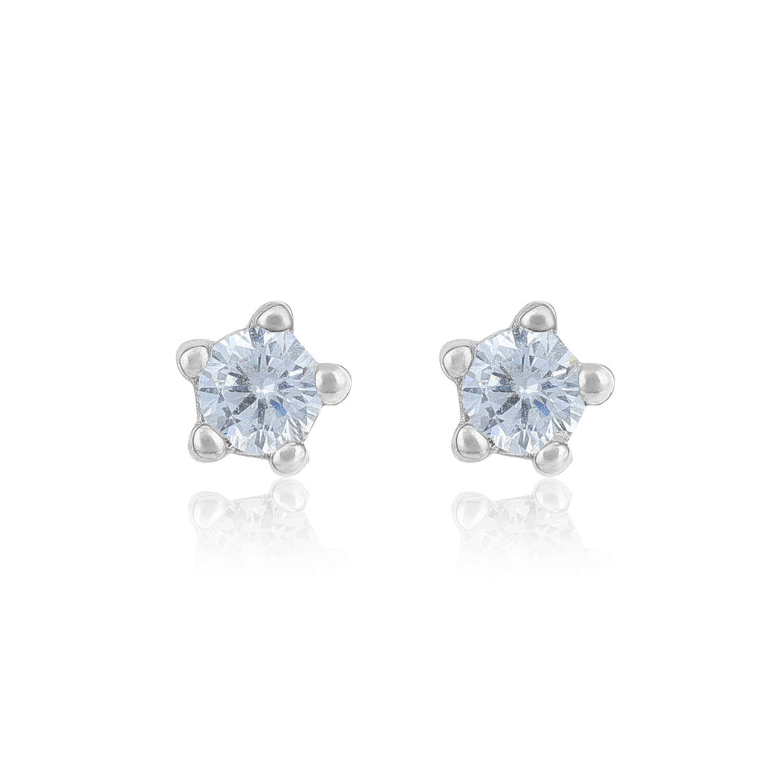 Pair of silver stud earrings with clear gemstones on a white background