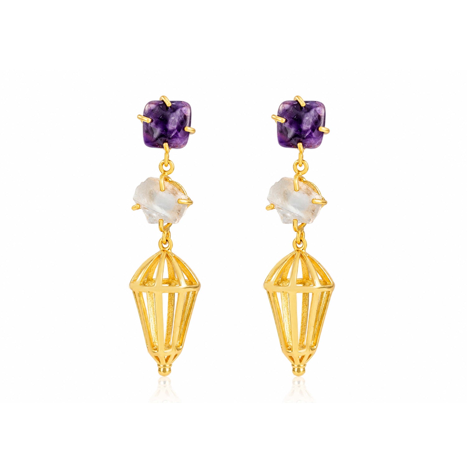 Purple Quartz 925 Sterling Silver Caged Drop Earrings