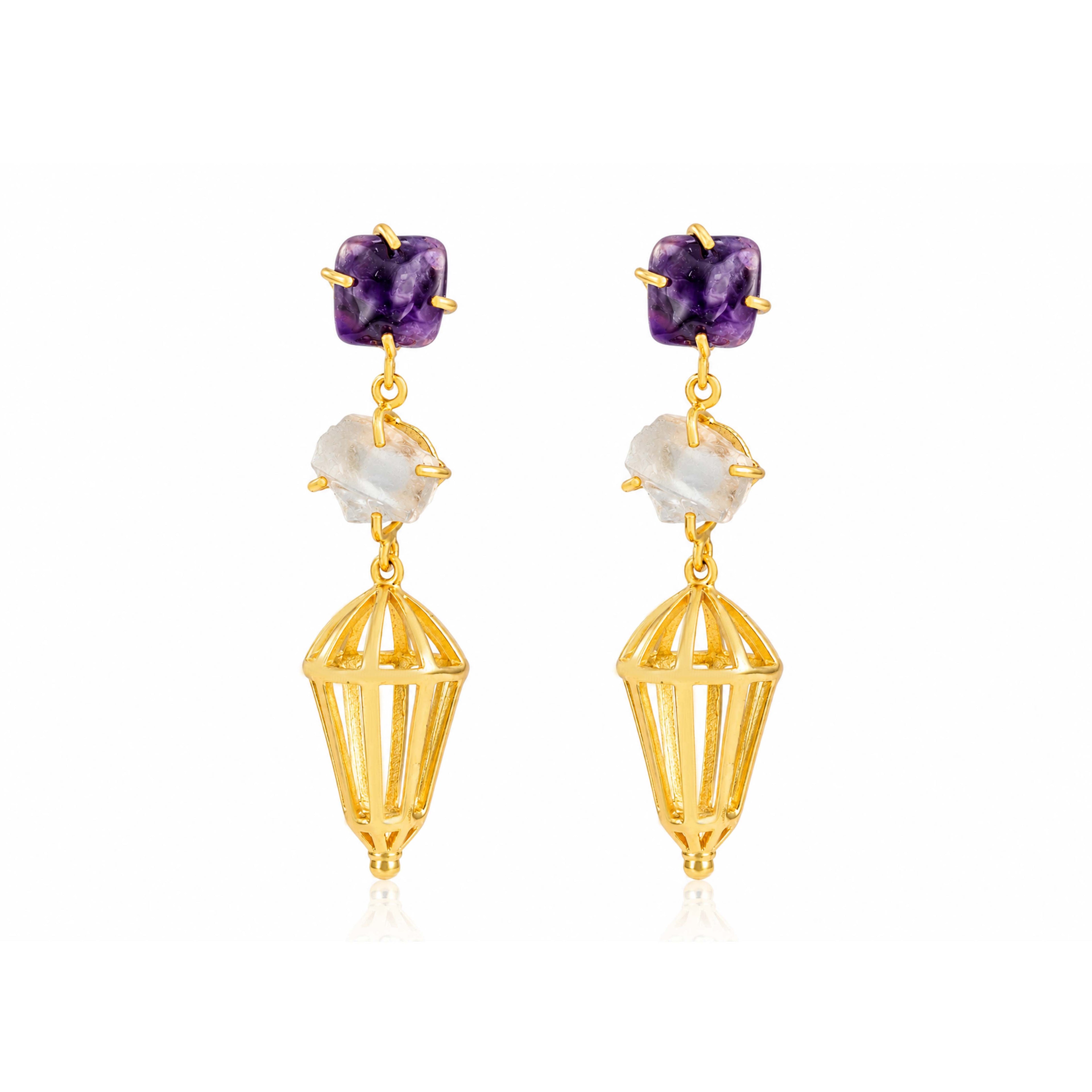 Purple Quartz 925 Sterling Silver Caged Drop Earrings