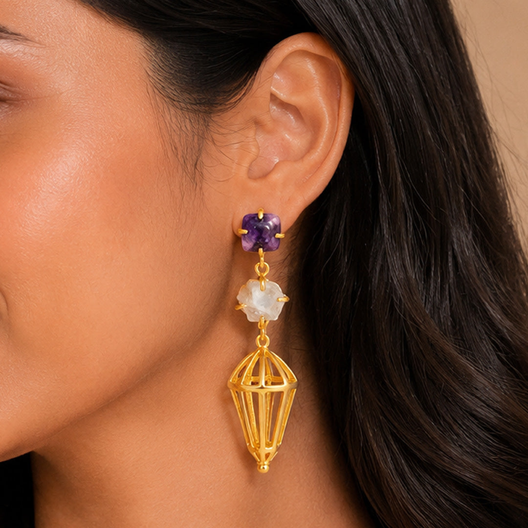 Purple Quartz 925 Sterling Silver Caged Drop Earrings